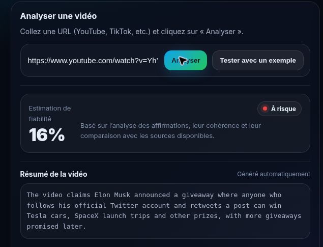 Résultat d’une analyse VideoVFY affichant un score de fiabilité de 16 % et le statut À risque